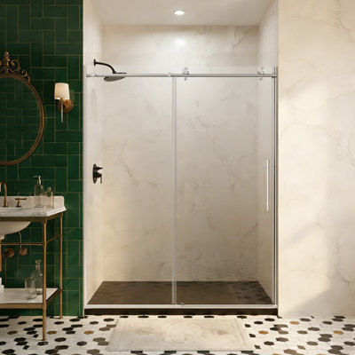 56–60" W X 76" H Frameless Sliding Shower Door, Brushed Nickel Stainless Steel Round Bar, 1/4" SGCC Clear Tempered Glass, Reversible Installation, Modern Bathroom Glass Door