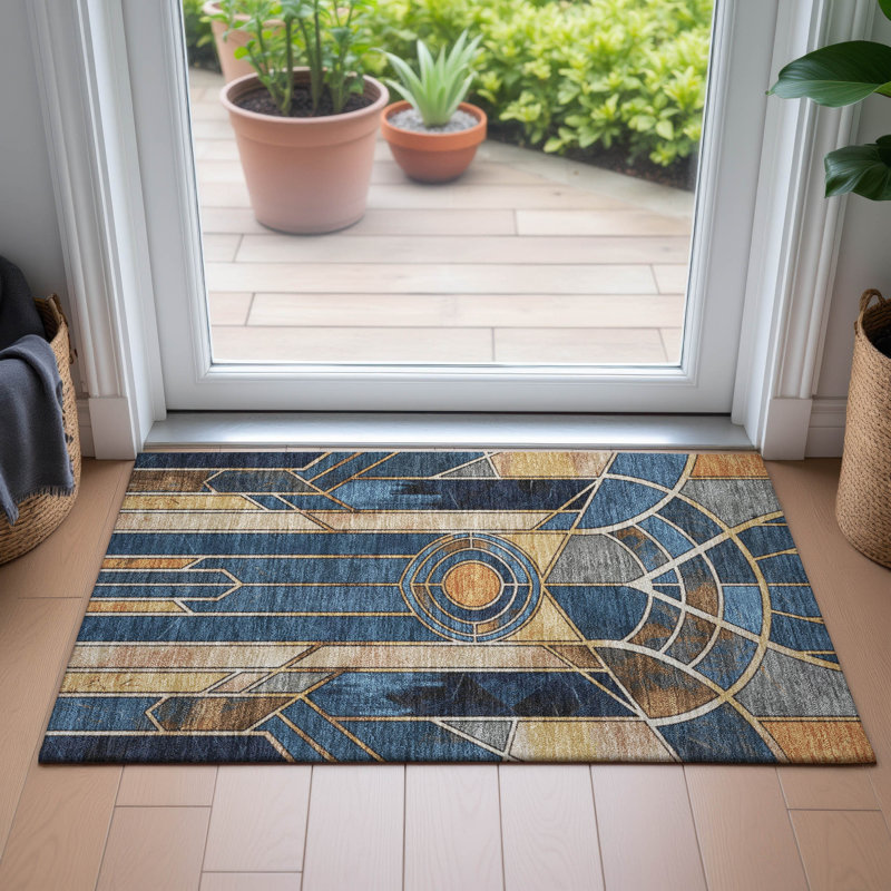 Tapis géométrique intérieur / extérieur lavable à la machine Kimberlin ACN2176, Rectangle 1 pi 8 po x 2 pi 6 po