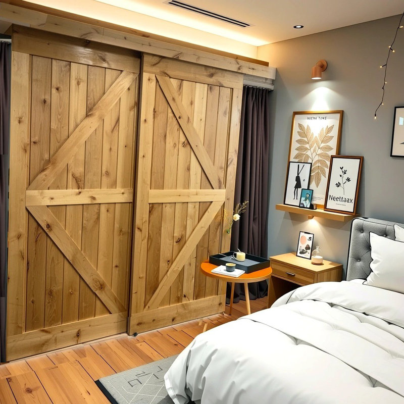 Portes de grange doubles en aulne fini avec ensemble de quincaillerie coulissante en bois, 74 po x 84 po