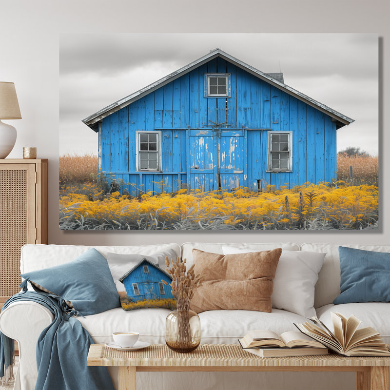  «Blue Gray Autumn Tranquil Barn - Barn Wall Art Living Room, Toile tendue, H 12 po x l 20 po