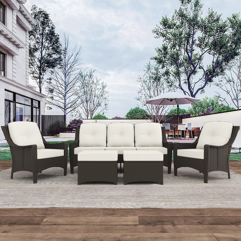 5 Pieces Patio Furniture Set, Brown Wicker Outdoor Conversation Sets with Comfortable Removable Washable Cushions & Ottoman