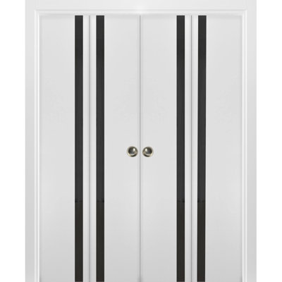 Sliding Closet Double Bi-Fold Doors  | Planum 0040 With Glass | Sturdy Tracks Moldings Trims Hardware Set | Wood Solid Bedroom Wardrobe Doors
