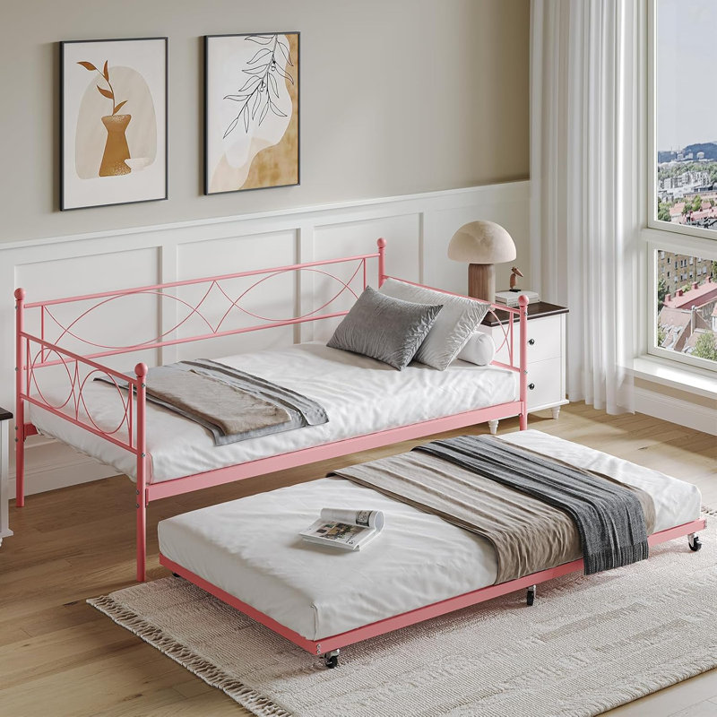 Twin Bed With Pull Out Trundle, Metal Twin Daybed And Trundle Set, Day Bed Sofa Bed Frame With Steel Slat Support, Multifunctional Daybed Frame For Bedroom, Living Room, Guest Room