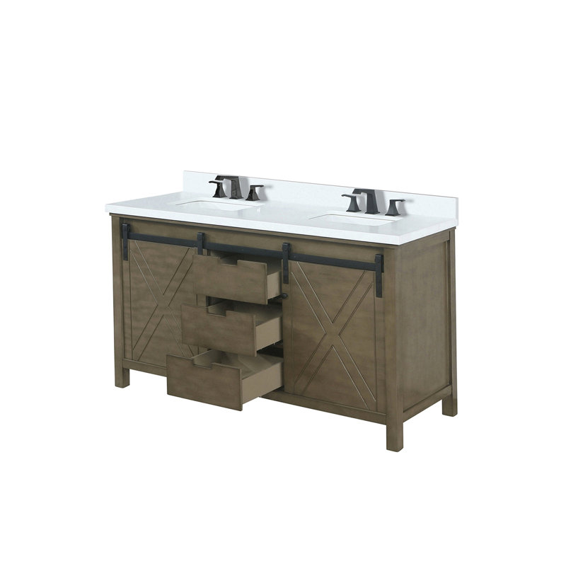 Meuble-lavabo double brun rustique 60 po L, surface en quartz blanc, robinet, mécanisme de fermeture en douceur et rangement considérable x P 22 po avec comptoir, fermeture, deux armoires, tablette ouverte à trois tiroirs pour