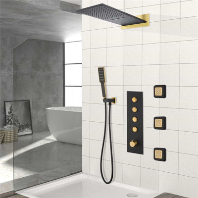Système de douche thermostatique mat noir et or 4 fonctions Naples