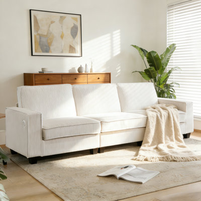114.2'' Wide Contemporary Corduroy 3-Seater Sofa with USB & Type-C Charging Ports