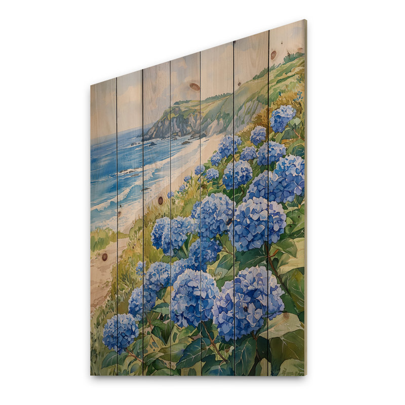 Hortensias dans un jardin en bord de mer II - Art mural en bois d'hortensias - sur bois de pin naturel