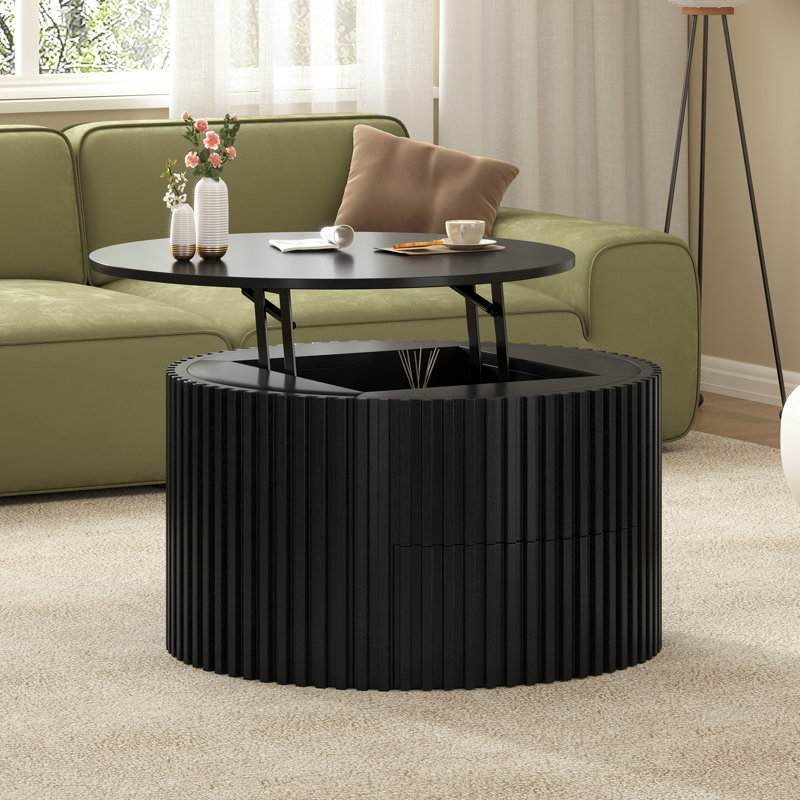 Table basse ronde à plateau relevable, compartiment caché et tiroir dissimulé, conception cannelée moderne, salon, Noir