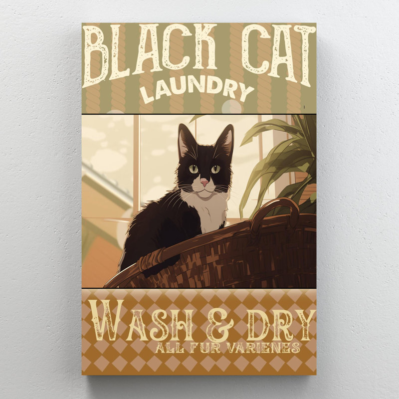 Blanchisserie de chat noir sur toile, H 36 po x l 24 po x P 1,25 po