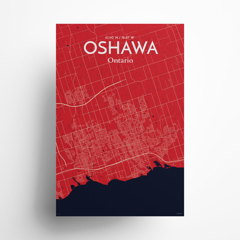 «Oshawa City Map», impression, Rouge / bleu marine, H 36 po x l 24 po