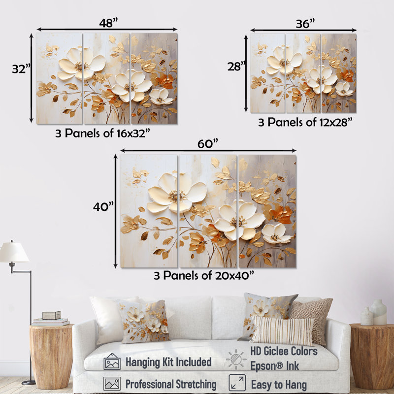 Fleurs saisonnières beiges et dorées Blooming I - ensemble d'art sur toile Fleurs saisonnières, H 32 po x l 48 po x P 1 po