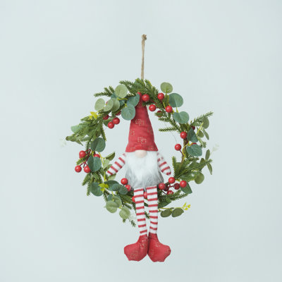Light-up Christmas Elf Wreath - 10-inch Hanging Decor With Fabric Elf, Red Berries & Pine, Battery Operated