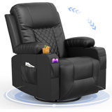 Lannah Faux Leather Recliner Massage Chair, Swivel Rocker Recliner with 360° Rotate & 125°  Reclining Rocking Chair With Two Cup Holders for home