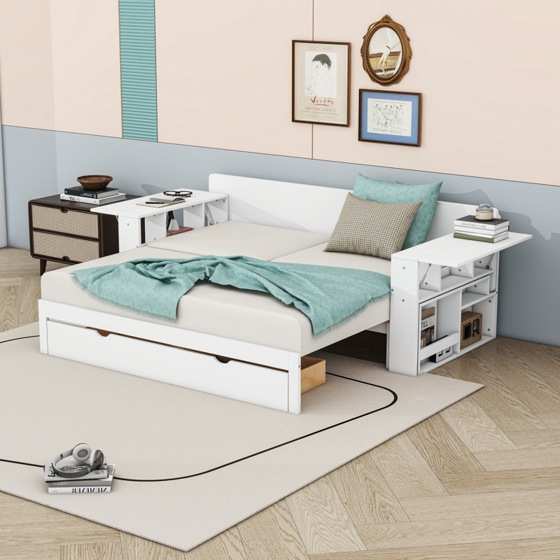 Multifunctional Wood Convertible Daybed with Built-in Desk, Storage Drawer, White, Queen