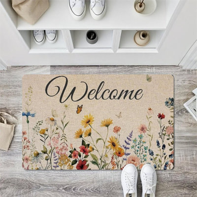 Beige Watercolor Wildflower Home Decor Door Rug 24 x 36 inch, For Indoor Outdoor Garden