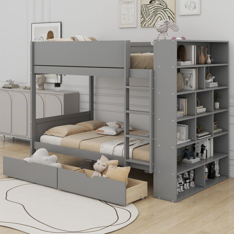 Louis Solid Bunk Bed With 2 Drawers, Twin Over Twin, Gray