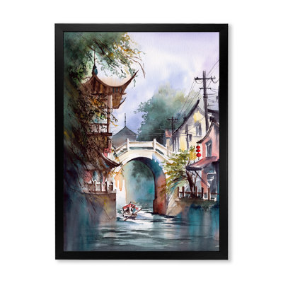Un paysage urbain chinois avec un bateau sur la rivière - reproduction sur toile