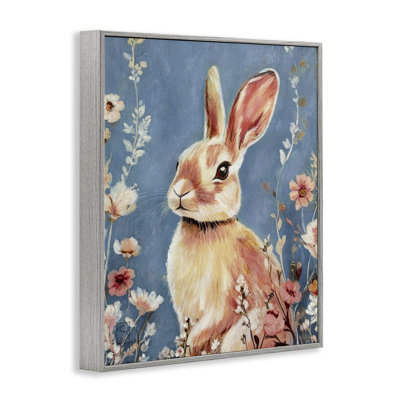 Whimsical Rabbit on Blue Framed Giclee, design by Sara Culpepper