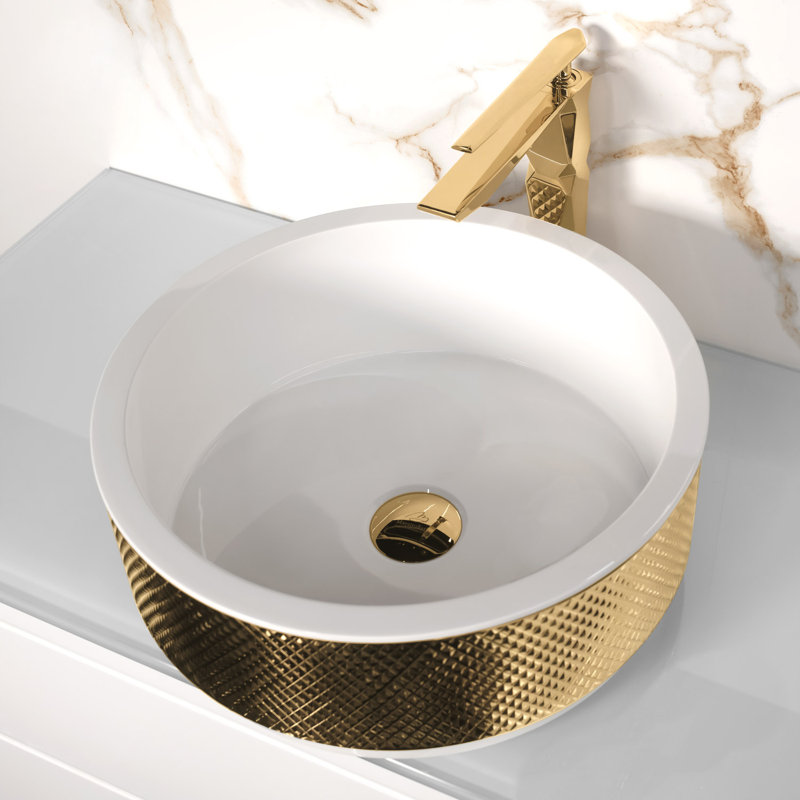 Hive 15.7'' L Bathroom Sink, White/Gold