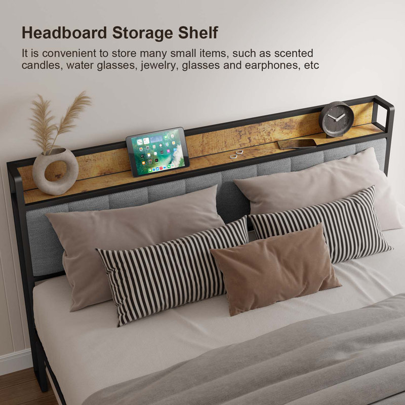 Light Gray Queen Metal Bed Frame with Storage Headboard