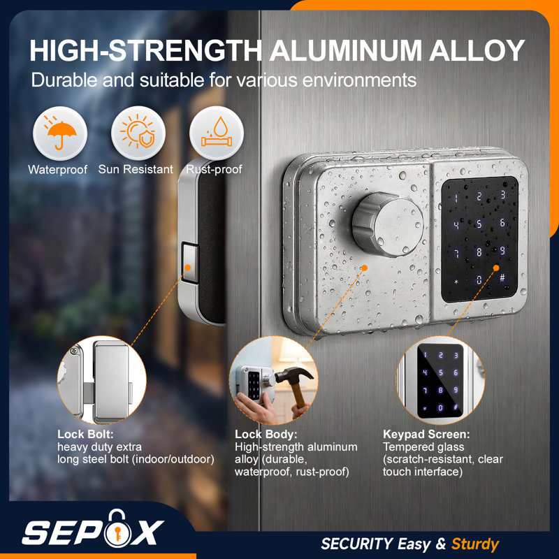 Serrure intelligente SEPOX, serrure de porte d'extérieur pour clôture et porte de garage, carte électronique de serrure électronique sans clé, code d'accès et clé mécanique, serrure de bord imperméable pour jardin extérieur (argent, unité simple)