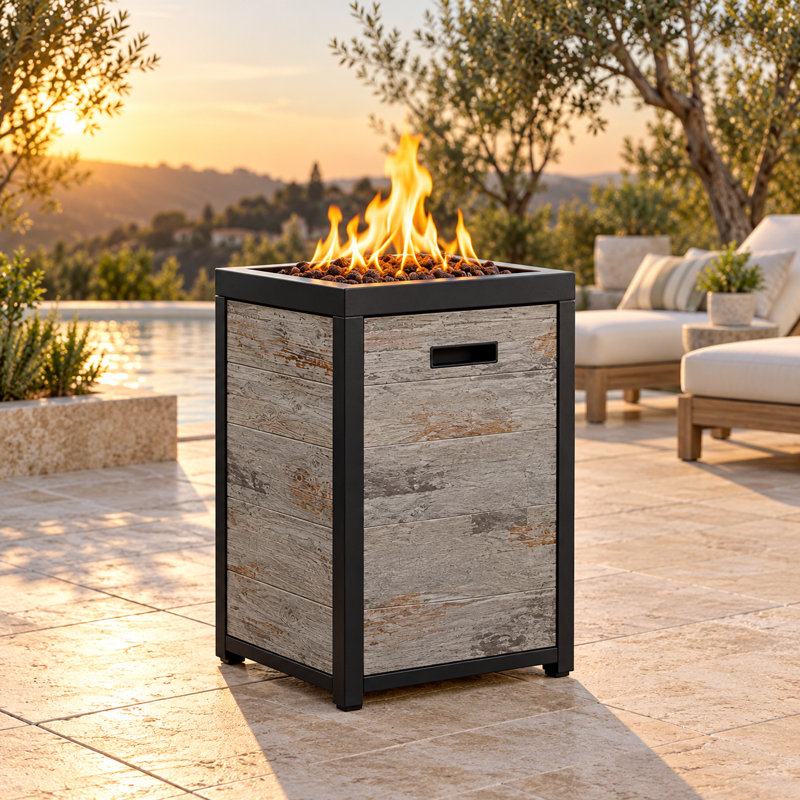 Colonne de feu au propane 16 po 40 000 BTU avec panneaux aspect pierre TerraFab et couvercle en acier