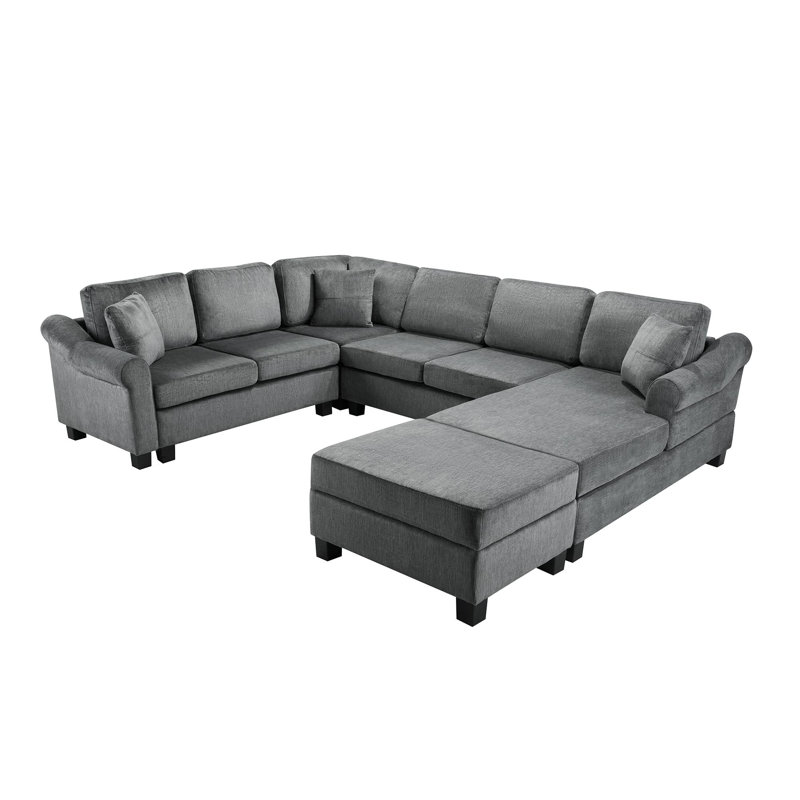 U-shaped sectional sofa with storage footstool, Dark Gray Chenille