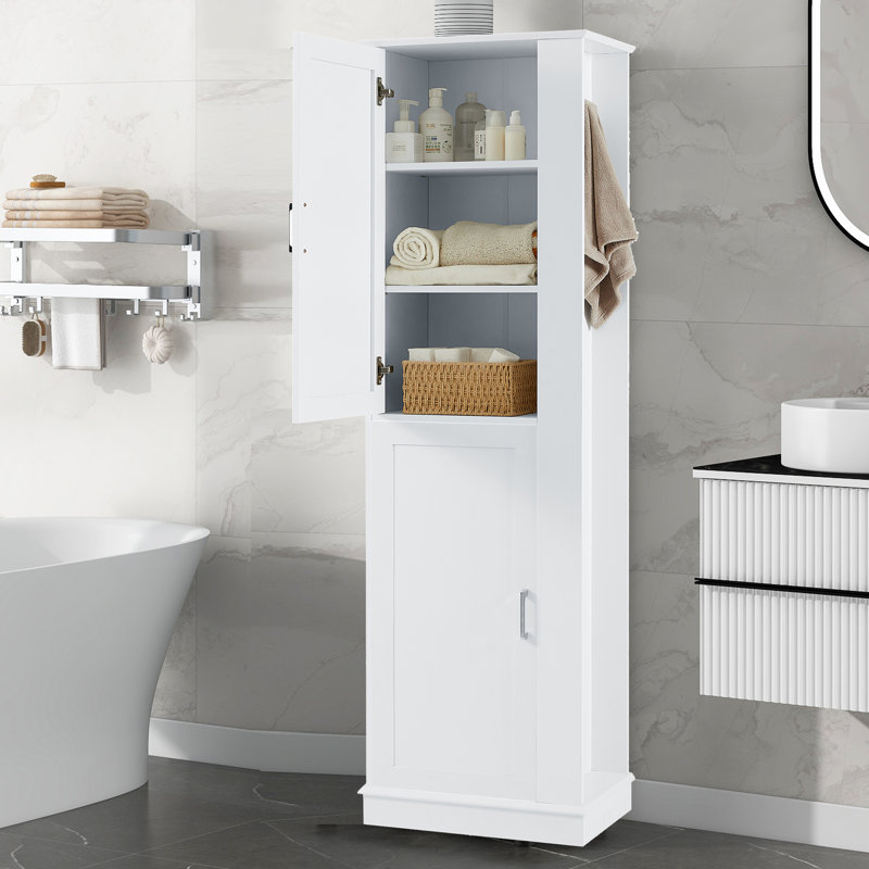 Pennville Tall Bathroom Storage Cabinet, Freestanding Storage Cabinet with Hook and Adjustable Shelf, MDF Board, White