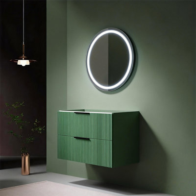 30 Inch Bathroom Vanity Cabinet With Ceramic Sink - Green Wall Mounted Floating Fluted Vanity With Drawers, Modern