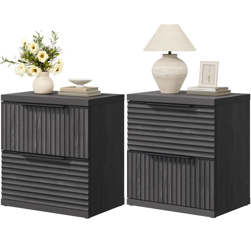 Modern Fluted 2-Drawer Nightstand, Dark Gray Alder
