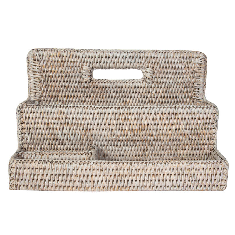 Handwoven White Wash Rattan Stationery Sorter with Handle