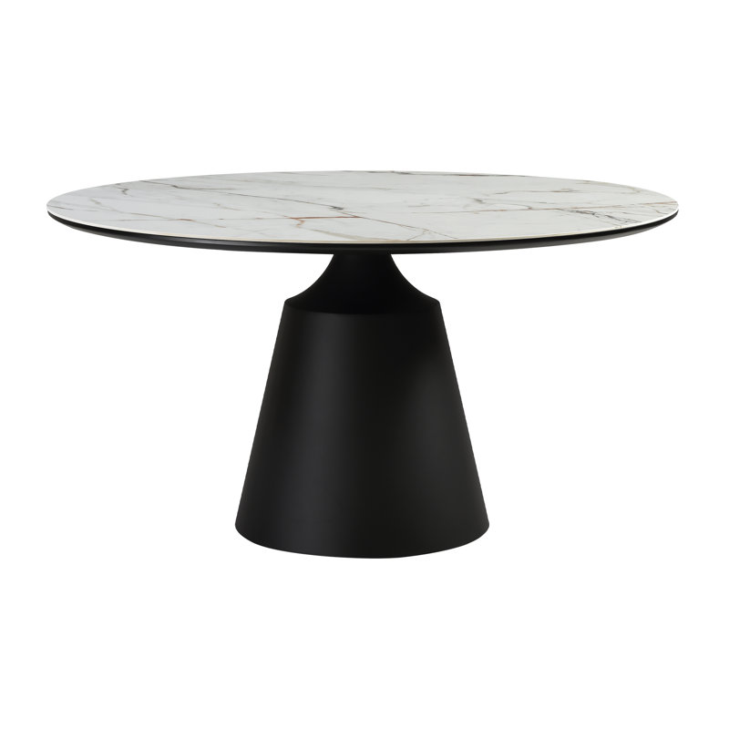 Crebessa 55" Round Modern Pedestal Dining Table with Stone Top and Black Metal Base