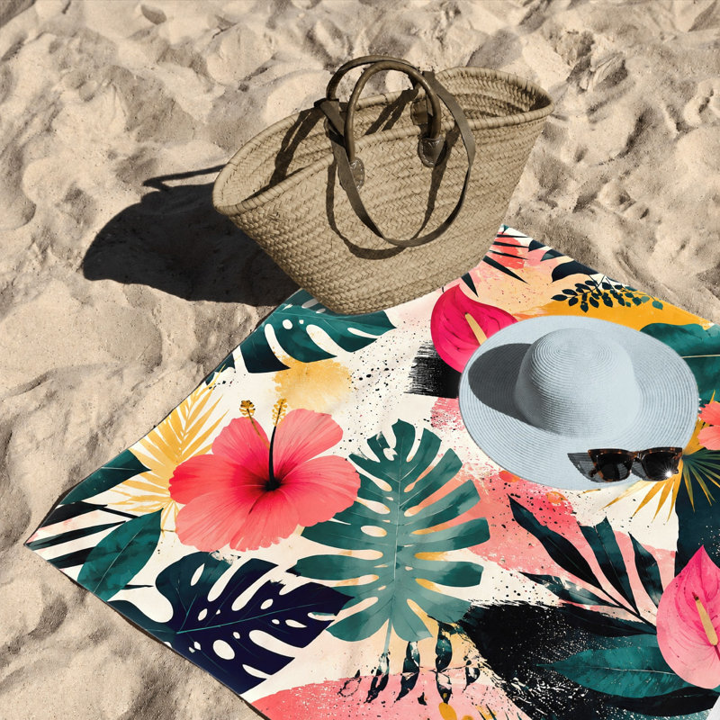 1 serviette de plage à feuilles tropicales avec hibiscus et anthurium, 1 pièce, motif floral vibrant d'été, idéale pour la piscine, les voyages