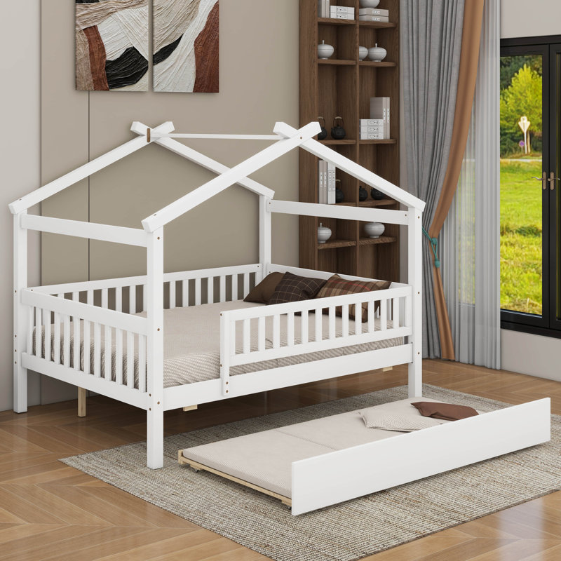Lit double en bois avec lit gigogne, Lit double, Blanc