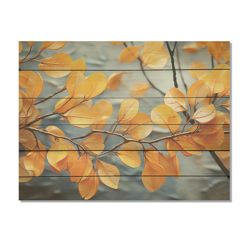Golden Foliage Leaves I - feuilles, art mural sur bois de pin naturel, H 30 po x l 40 po