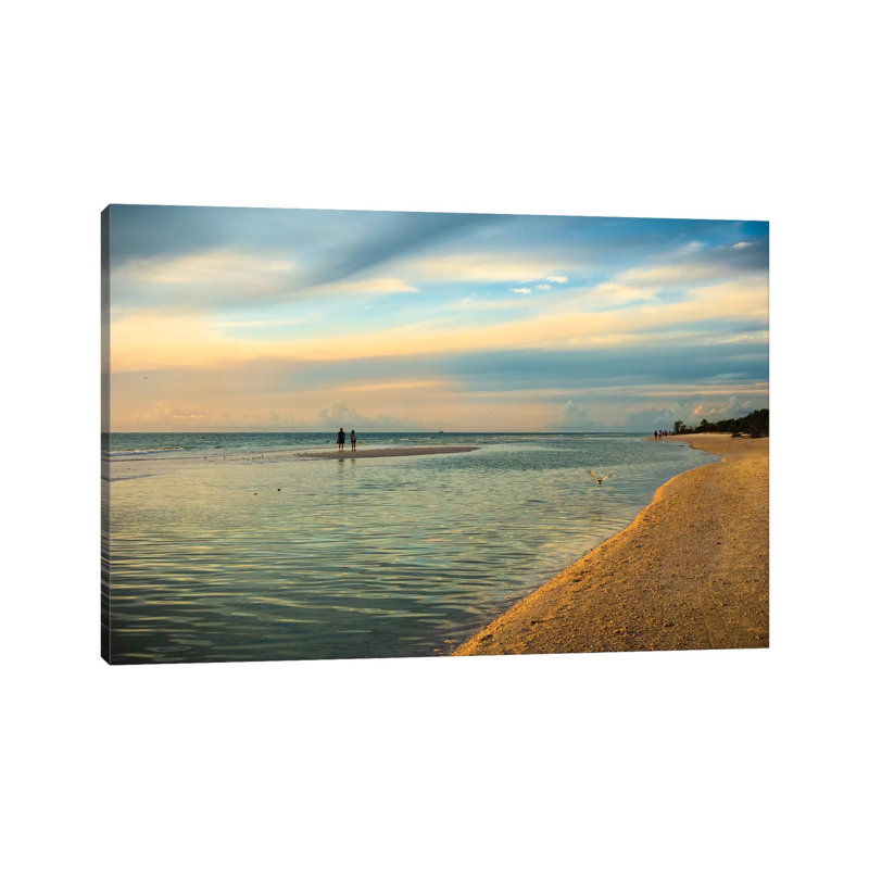 People Standing On A Sandbar In The Water Watching Sunset by Sheila Haddad - Wrapped Canvas Print, 20.32 cm H x 30.48 cm W