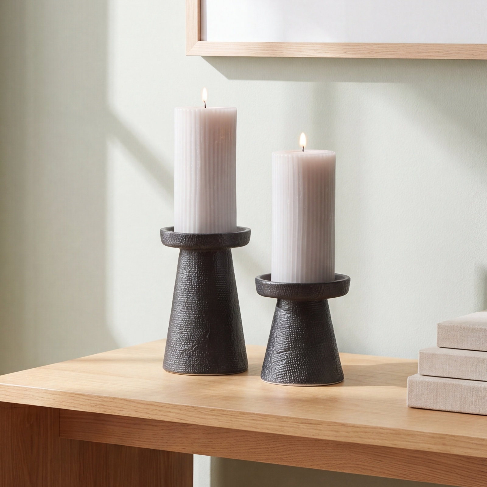 2 Piece Stoneware Table Top Candlestick Set, Black