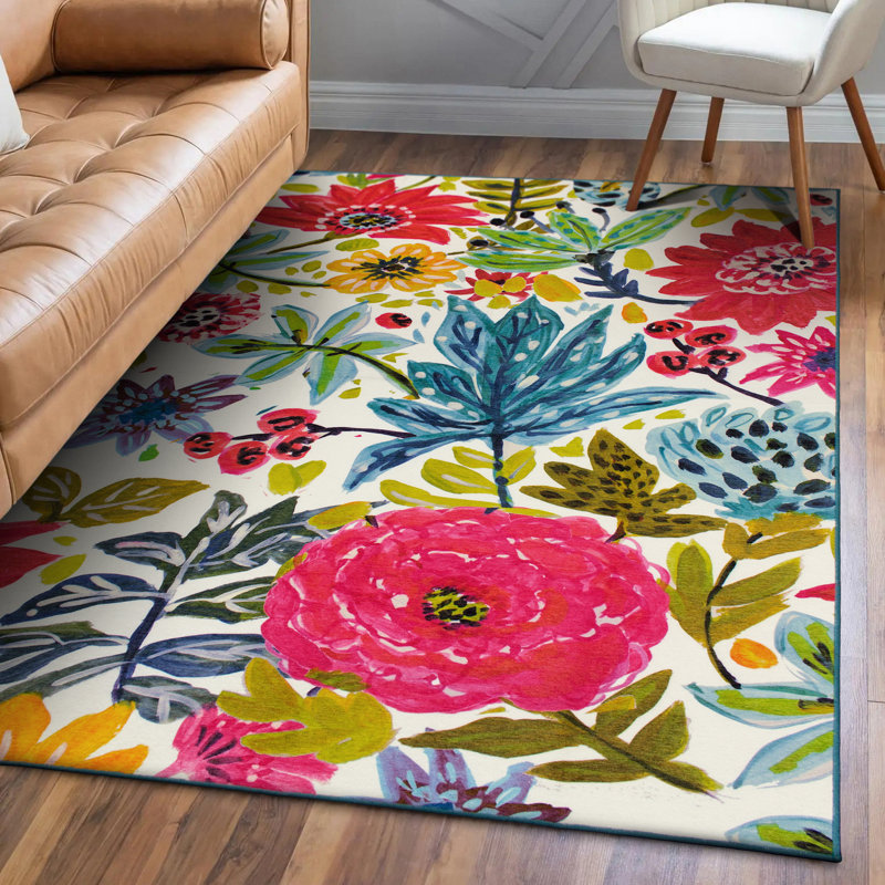 Multicolor Floral Synthetic Washable 5' x 7' Rectangular Rug