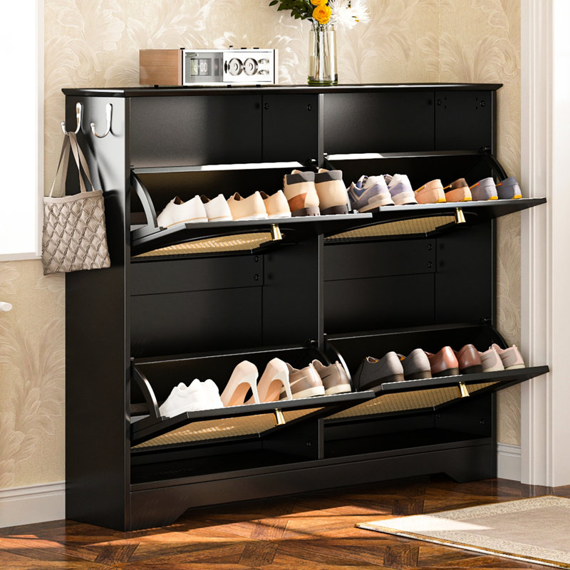 Practical Flip Drawer Shoe Organizer, Mid - Century Design, Black Color, 2 Hooks, Tip, Floor Protecting Design Cabinet, Protection