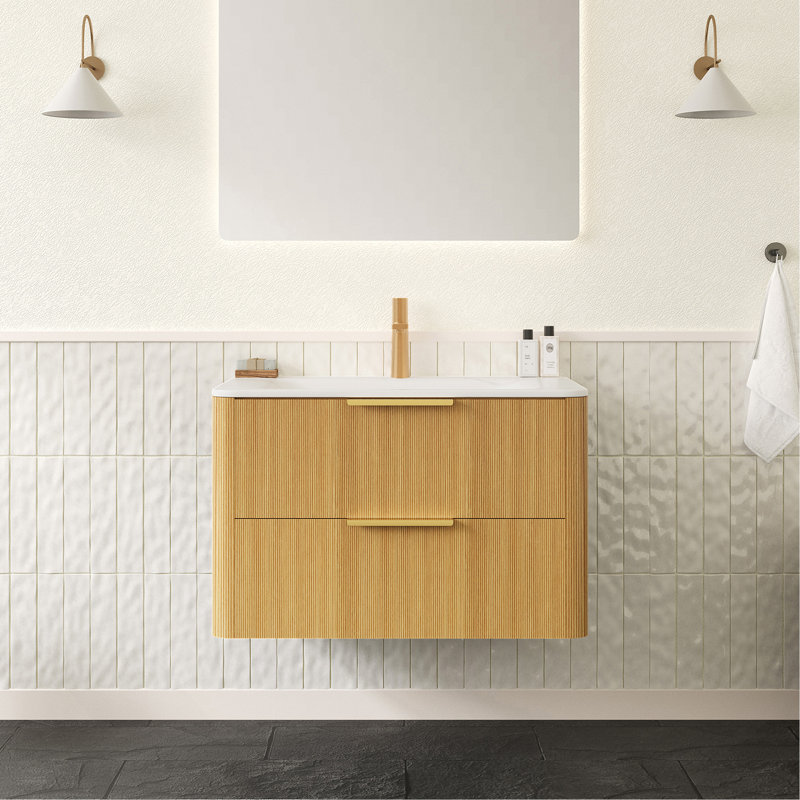 Meuble-lavabo de 30 po avec lavabo, armoire de rangement flottante en contreplaqué avec tiroirs, lavabo intégré en pierre frittée blanche Carrara