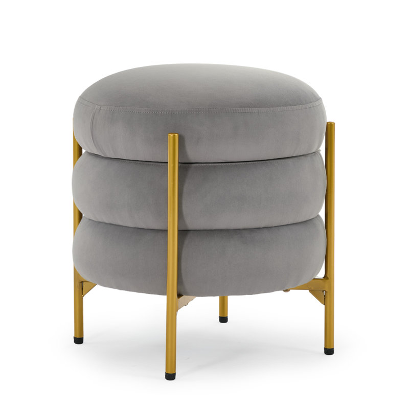 Round Storage Ottoman Multiuse Vanity Stool With Metal Legs, Gray Velvet