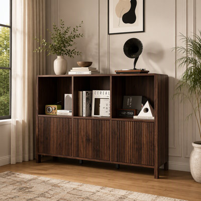 Modern 3-Door Storage Cabinet,Freestanding Bookshelf with Open Display Shelves,Fluted Door Panels,Push-to-Open Doors, Wood Bookcase Organizer with Anti-tip for Living Room,Home Office