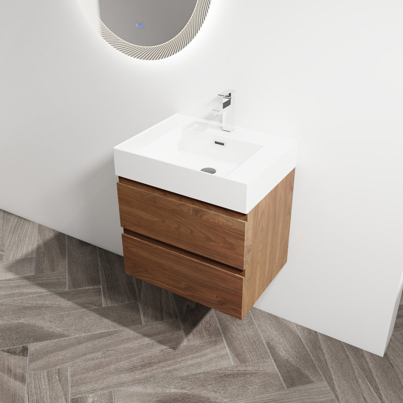 Meuble-lavabo de salle de bain 24 po avec lavabo en résine et 2 tiroirs à fermeture en douceur, 24", Brown