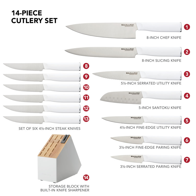 Kitchenaid Classic Slim Knife Block Set With Built-In Knife Sharpener, High Carbon Stainless Steel Kitchen Knives, Sharp Kitchen Knife Set With Block, 14-Piece, White