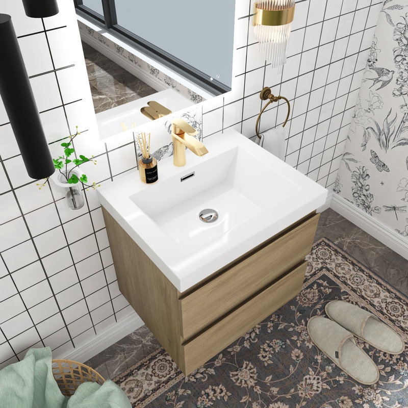 Meuble-lavabo simple avec plateau en résine Teriann, Chêne naturel