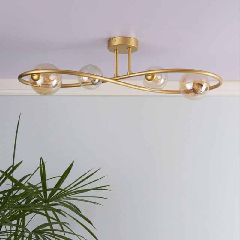 Glass Semi Flush Mount, Satin Brass, Colourful Glass, Gold