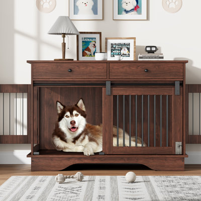 Heavy Duty Wooden Dog Crate Furniture with 2 Storage Drawers, Removable Divider, Triple Door, Indoor Kennel End Table for All Dog Sizes, Classic Brown