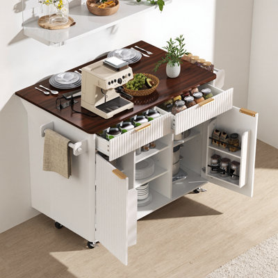 Fluted Modern Kitchen Island with Power Outlet, Drop-Leaf & Wheels for Flexible Storage and Prep Space