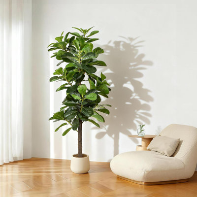 Figuier artificiel de 71 pouces avec pot à fleurs en PP blanc - Fausse plante avec mousse artificielle pour l'intérieur, le bureau et le salon