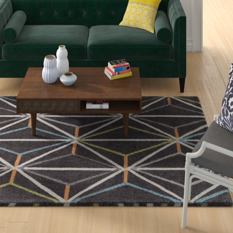 Kristopher Geometric Handmade Tufted Charcoal/Green Area Rug, Rectangle 5' x 7'